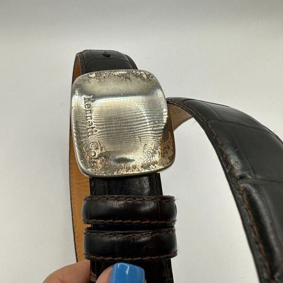 Kenneth Cole Belt Mens 30 Black Croc Embossed Italian Leather Silver Buckle - Picture 7 of 16